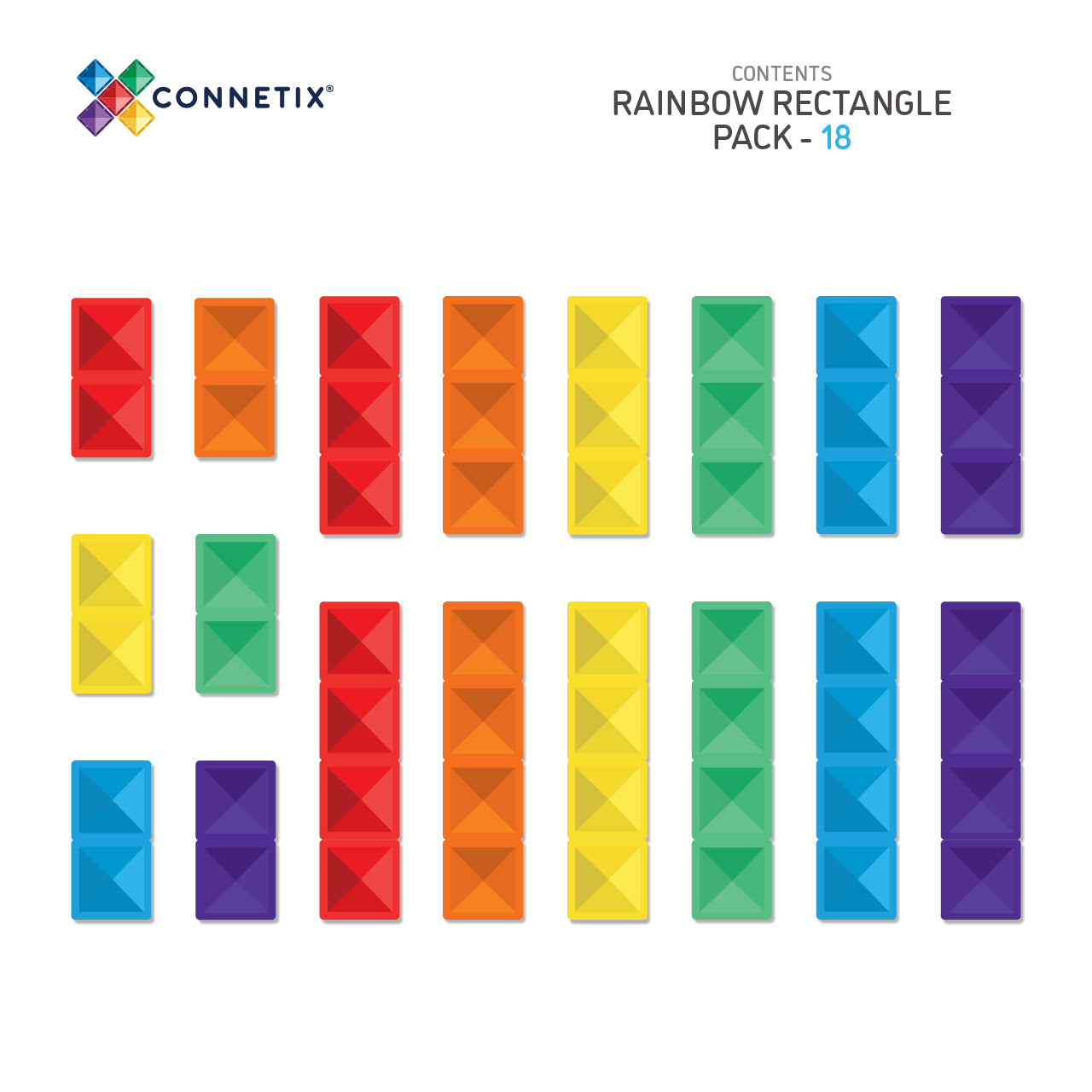 Connetix - Rainbow Rectangle Pack - 18 Piece Magnetic Tiles - Connetix - littleyoyo.ca