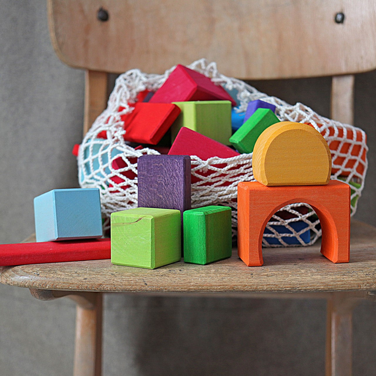 Grimm's - Geometrical Blocks in Net Bag - Multi-colour