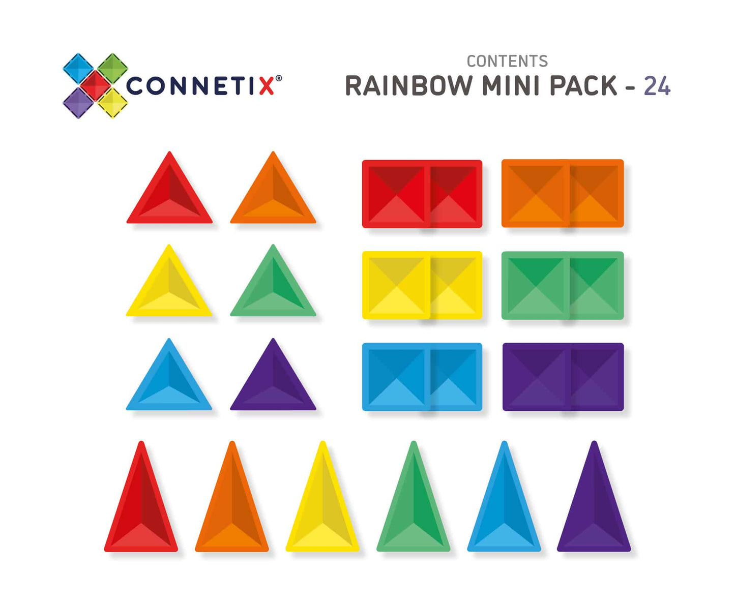 Connetix - 24 Piece Rainbow Mini Pack Magnetic Tiles