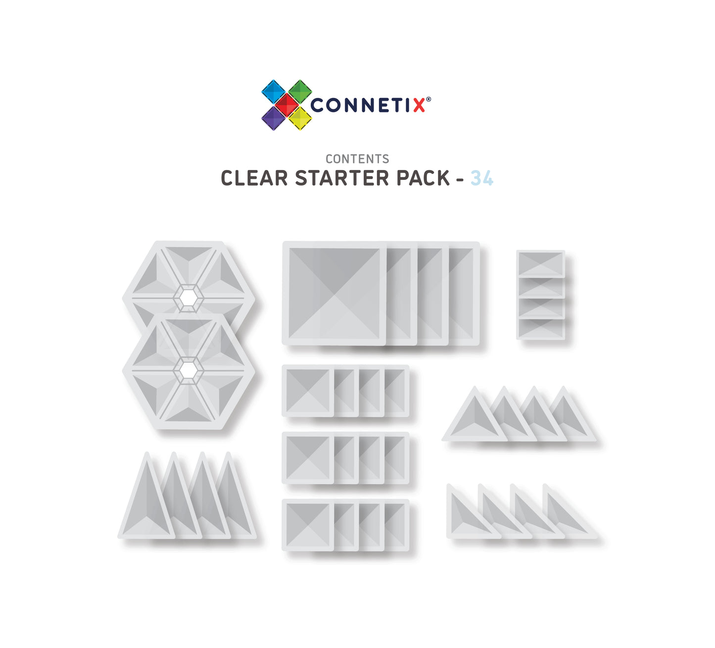 Connetix - 34 Piece Clear Starter Pack Magnetic Tiles