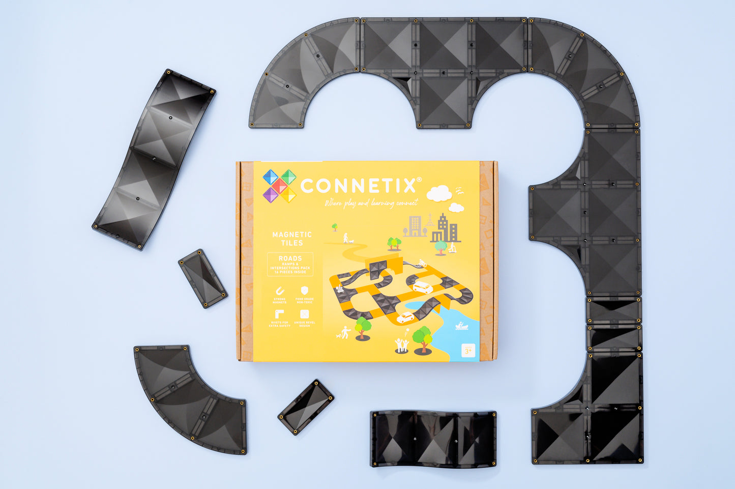 Connetix - 16 Piece Creative Roads - Ramps and Intersections Pack Magnetic Tiles