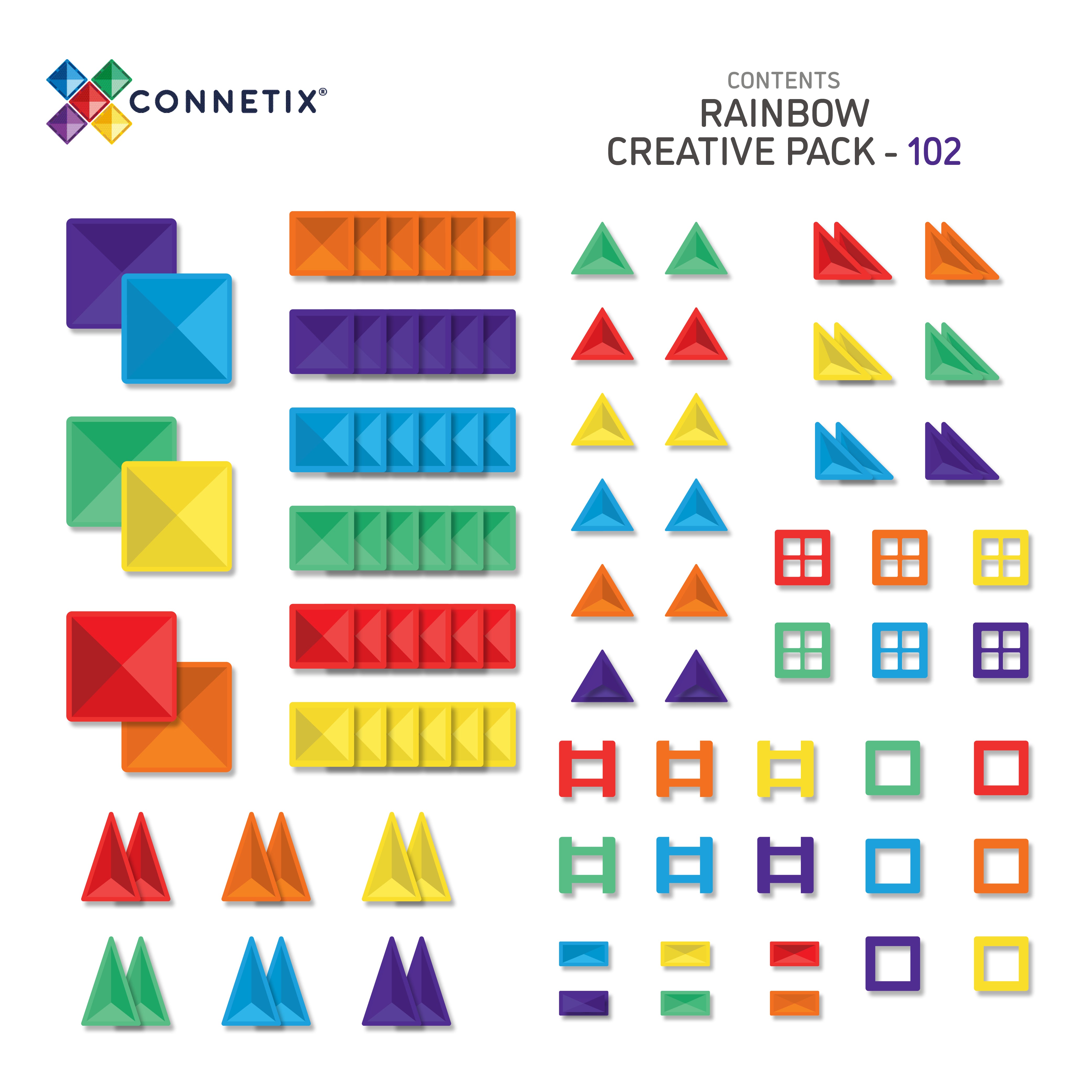 Connetix - 102 Piece Rainbow Creative Pack Magnetic Tiles