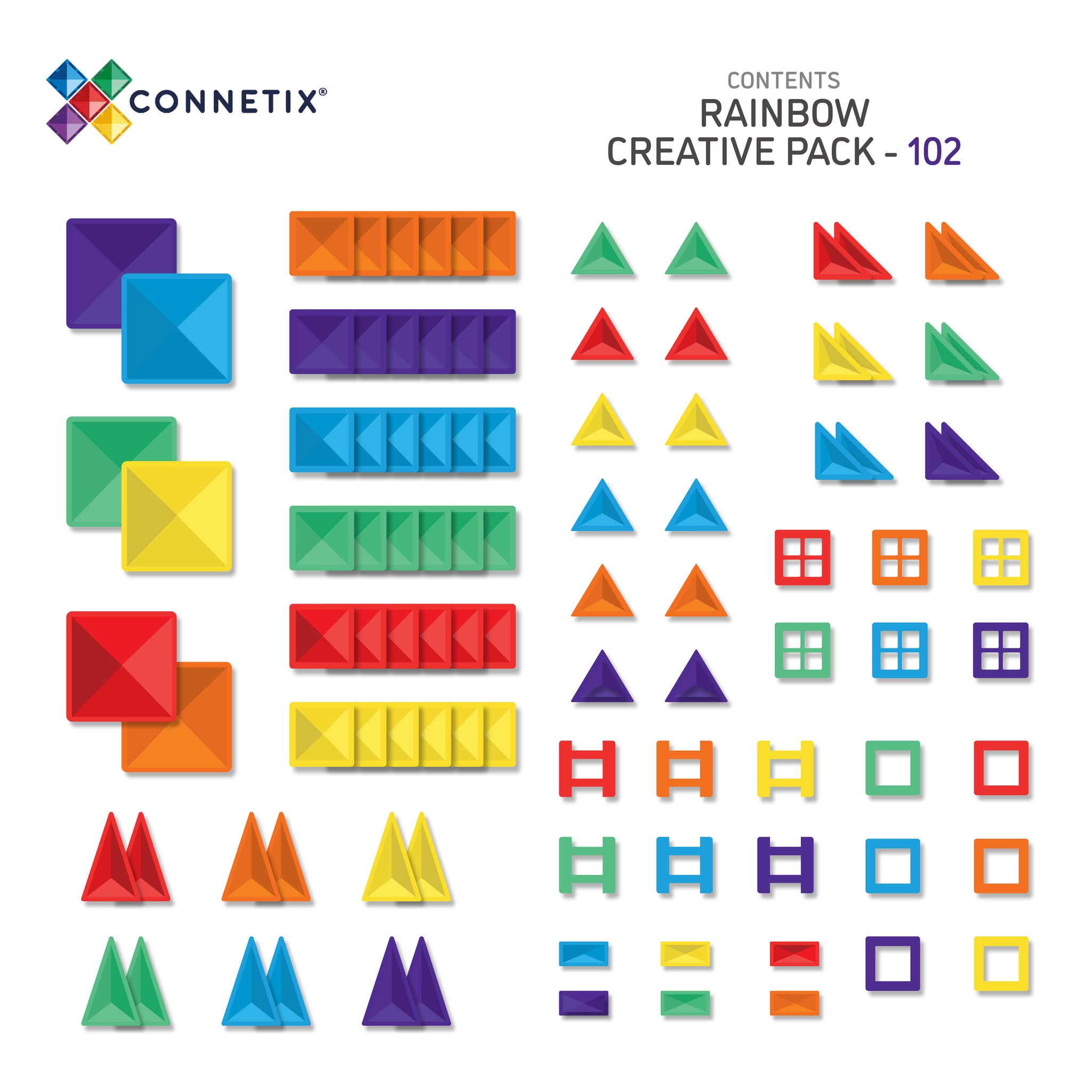 Connetix - 102 Piece Rainbow Creative Pack Magnetic Tiles