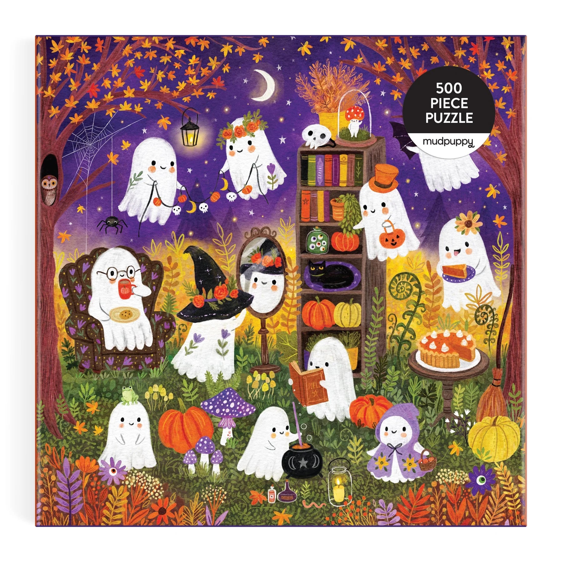 Halloween-themed puzzle packaging with ghosts, pumpkins, and a bookshelf.