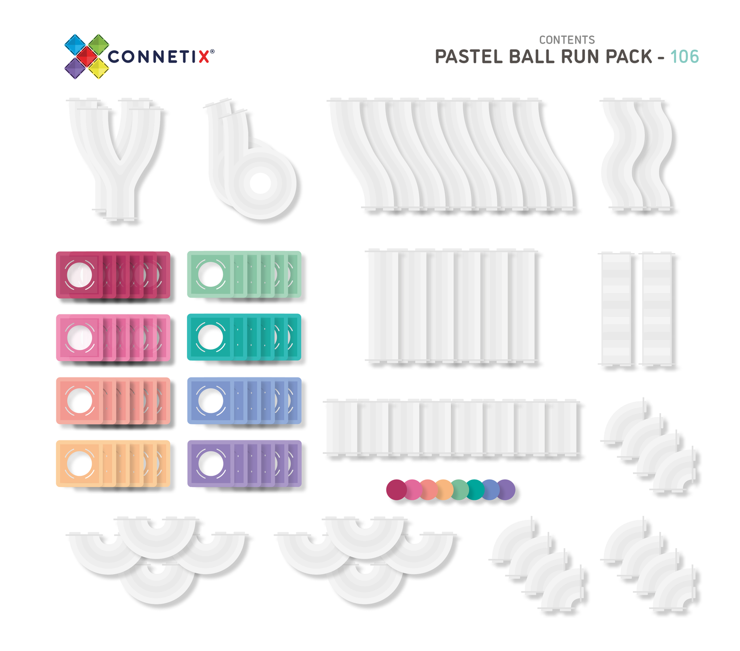 Connetix - 106 Piece Pastel Ball Run Magnetic Tiles