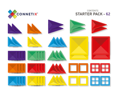 Connetix - 62 Piece Rainbow Starter Pack Magnetic Tiles