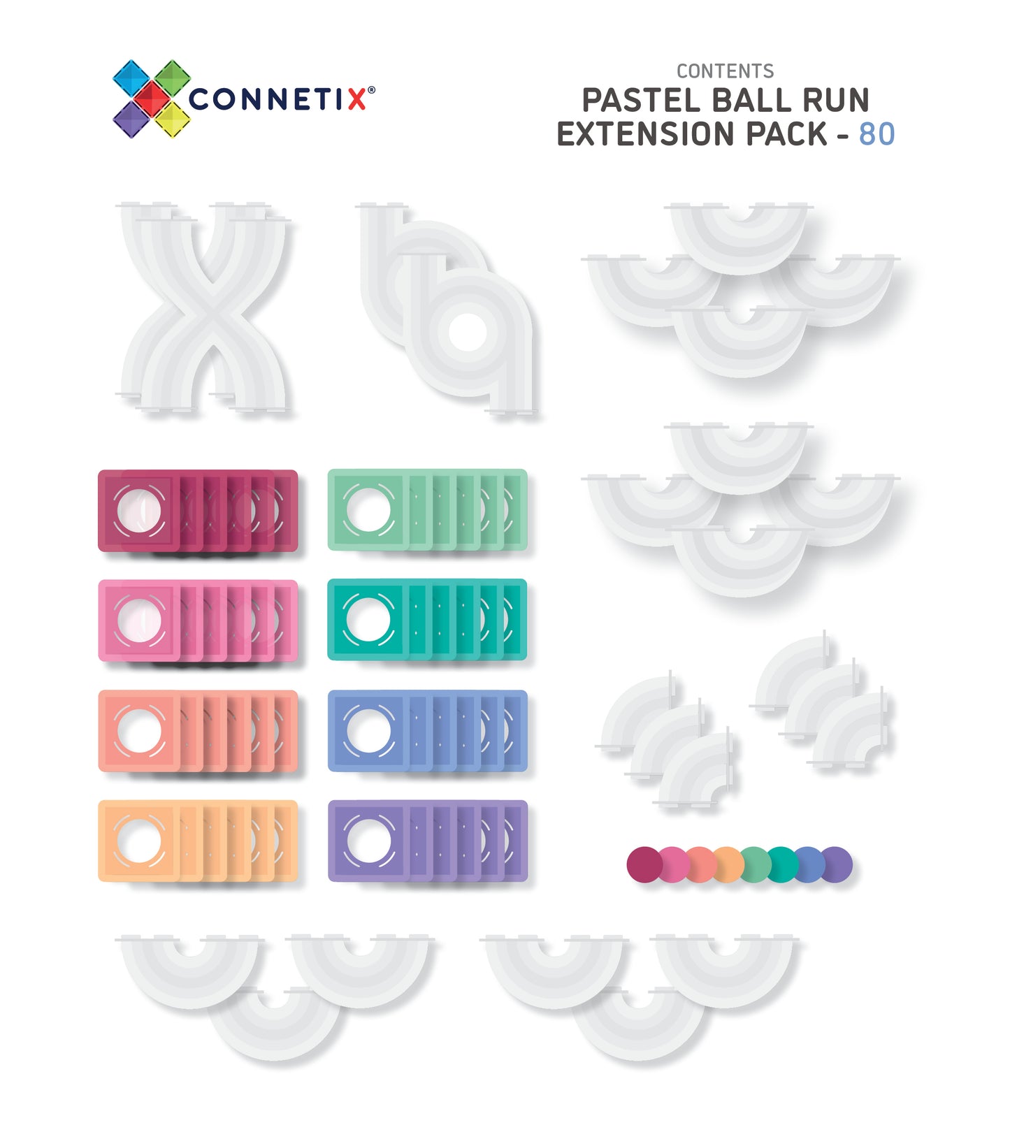 Connetix - 80 Piece Pastel Ball Run Expansion Pack Magnetic Tiles