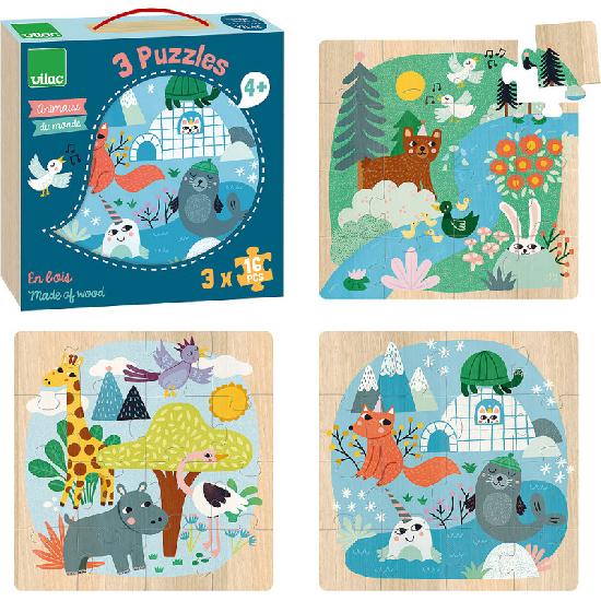 Vilac - Wooden Puzzle Animals of the World 3 x 16 pieces - Vilac - littleyoyo.ca