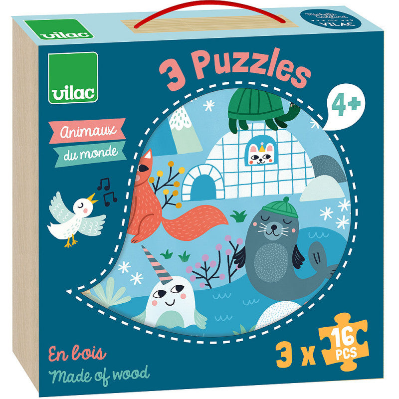 Vilac - Wooden Puzzle Animals of the World 3 x 16 pieces - Vilac - littleyoyo.ca