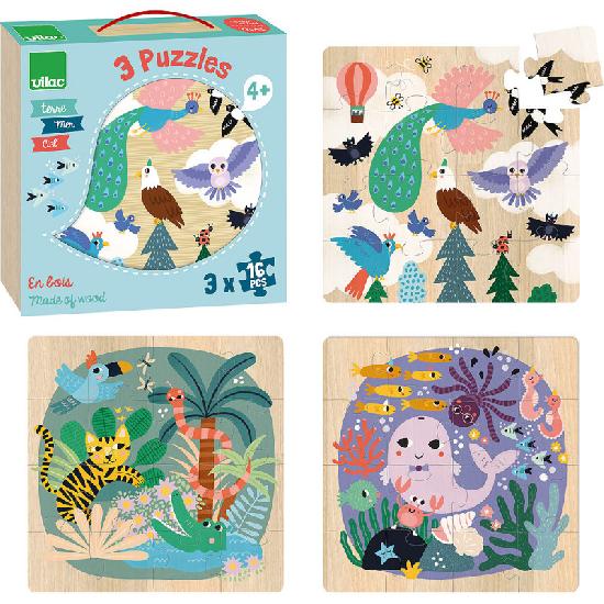 Vilac - Wooden Puzzle Earth, Sea and Sky 3 x 16 pieces - Vilac - littleyoyo.ca